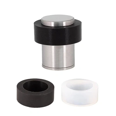 Image of Door Stop 24 x 35 mm Black and White Rubber Stainless Steel or Brass Threaded Base Includes Screw + Fastening Plug Mod. I 29124x35 EVI Hardware (Stainless Steel, 24mm 35mm)