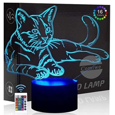 Image of Comiwe Cat (A) 3D Illusion Night Light Toys,16 Colours Change Smart Touch &amp; Remote Control,Home Decor LED Bedside Table Desk Lamp,Christmas Birthday Gift for Girls Boys Kids Adults Friends Family