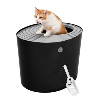 Image of Iris Ohyama Cat Litter Box with Scoop, Up to 7kg, Black/Gray, Top Entry, Tray, Enclosed, For Kitten, High Sided, Hooded, Large, Jumbo, BPA Free, Deep, Easy Clean, PUNT 530