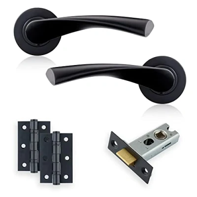 Image of XFORT Matt Black Warped Lever On Rose Latch Pack, with Ball Bearing Hinges &amp; A Tubular Latch, Ideal for Internal Wooden Doors Home and Office.