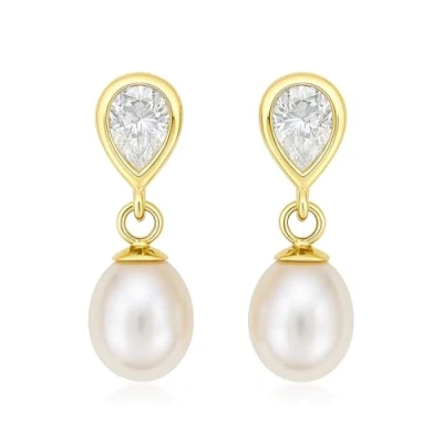 Image of Carissima Gold Women&#039;s 9 ct Yellow Cubic Zirconia and Pearl 5 x 17 mm Teardrop Earrings