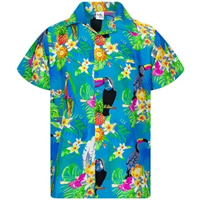 Image of King Kameha Mens Vintage Hawaiian Shirt Casual Short Sleeve Button Down Bird Designs, Parrot Cockatoo, Turquoise, XL