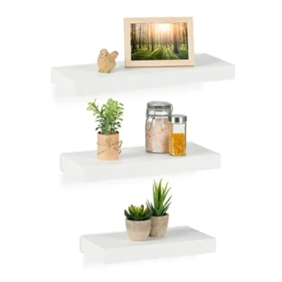 Image of Relaxdays 3x Floating Shelves, Various Sizes, Decorative Wall Rack, MDF, Modern Design, incl. Mounting Material, White, Fibreboard, 3.5 x 42 15 cm