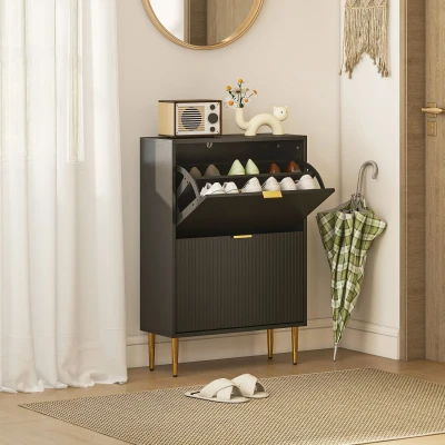 Image of Slim Shoe Storage Cabinet with 2 Flip Drawers for Hallway, Black Homcom