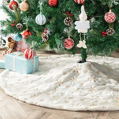 Image of Deggodech Faux Fur Christmas Tree Skirt with Gold Snowflake 78cm White Plush Embroidery Snow Xmas Mat for Merry New Year Holiday Party Decoration (Gold, 30inches)
