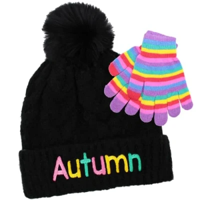 Image of TeddyT&#039;s Girl&#039;s Black Fluffy Cable Pom Bobble Hat Multi Colour &amp; Rainbow Gloves (7 13 Years)