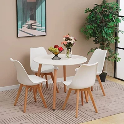 Image of YULU Round Dining Table and Chairs Set 4, Small Kitchen Chair with Cushions Modern PU Padded Seat Lounge 90cm Solid Wood Legs (White)