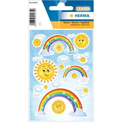 Image of HERMA 15535 Stickers Rainbow Glitter Small Large Pack of 15 Summer with Sun Clouds Motif, Children&#039;s Labels for Photo Album, Diary, Poetry Scrapbooking, Birthday Decoration,