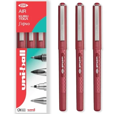 Image of uni ball EYE UB 157D Liquid Ink Rollerball Pens 0.7mm Nib In Gift Box (Pack of 3, Red)