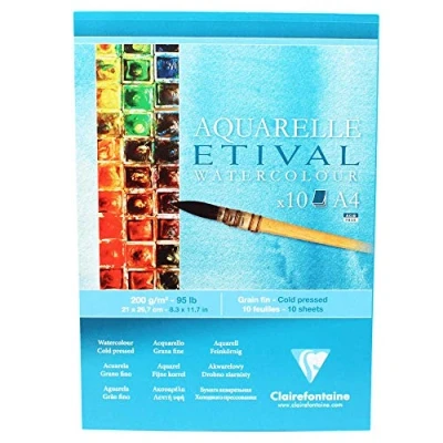 Image of Clairefontaine Ref 96302C Etival Cold Pressed Economical Glued Watercolour Painting &amp; Drawing Pad (10 Sheets of Paper) A4 (29.7 x 21cm) 200gsm Cellulose Art Paper
