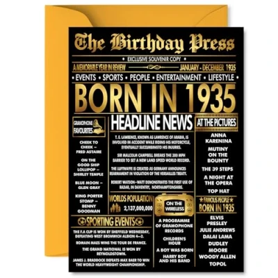 Image of Gold 90th Birthday Card for Men Women Black &amp; Golden Newspaper Born in 1935 Happy 90 Cards Dad Nan Grandad Wife Auntie Nanny, 5x7 Inch Bday Greeting