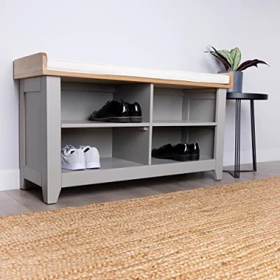 Image of CHARLES BENTLEY Shoe Storage Shelves, Rack, Charnwood, Hallway, Bench with Open Tidy, Free Standing, 4 Cubbies, Painted Grey, Removable Seat Cushion, Oak, Wood, Polyester, 20kg (110x60x36cm)