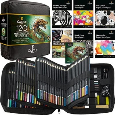 Image of Castle Art Supplies Mixed Media Set 120+ Pencil Collection Coloured, Watercolour, Pastel, Metallic, Graphite, Charcoal Creative Freedom for Adult Artists, Colourists in Neat Travel Case