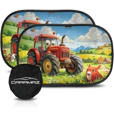 Image of Car Window Shades for Baby with Certified UV Protection Optimal Darkness Suction Cups in Universal Size 51 x 31 cm Tractor Design Pack of 2