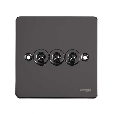 Image of Schneider Electric Ultimate Flat Plate 3 Gang Toggle 2 Way Light Switch, 16AX, GU1232TBN, Black Nickel
