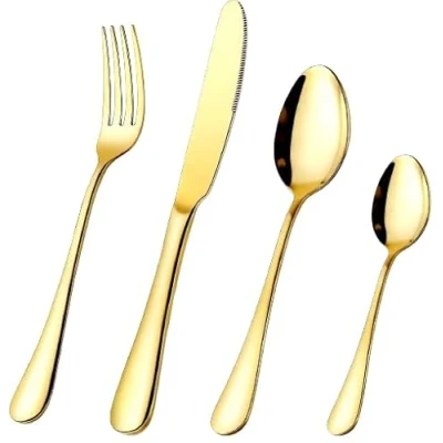 Image of PNJB 16 Pcs Cutlery Set Stainless Steel Flatware Set, Mirror Polished Dishwasher Safe, Knife, Fork, Spoon, Teaspoon, (Gold)