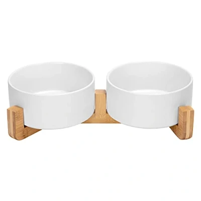 Image of SPUNKYJUNKY Ceramic Double Dog Bowl with Bamboo Stand for Cats and Dogs (850ml, white x 2)