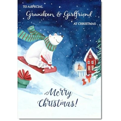 Image of doodlecards Grandson and Girlfriend Christmas Card Bear on Sled Medium Size for &amp; with Plain Envelope
