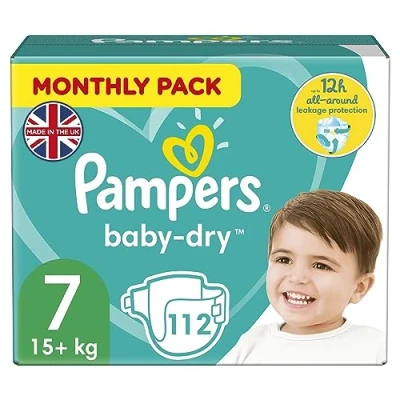 Image of Pampers Baby Nappies Size 7 (15+ kg/33 Lb), Dry, 112 Nappies, MONTHLY SAVINGS PACK, Up To 12h Of All Around Leakage Protection