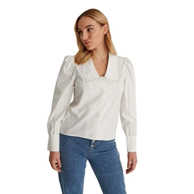 Image of NA KD Women&#039;s Collar Detail Shirt, White, 14 UK