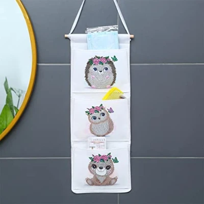 Image of VIONNPPT 5D Diamond Painting DIY Hanging Organiser, Foldable Storage Bag with 3 Pockets, Craft Gift for Bedroom, Children&#039;s Room, Kitchen (Pink Hedgehog)