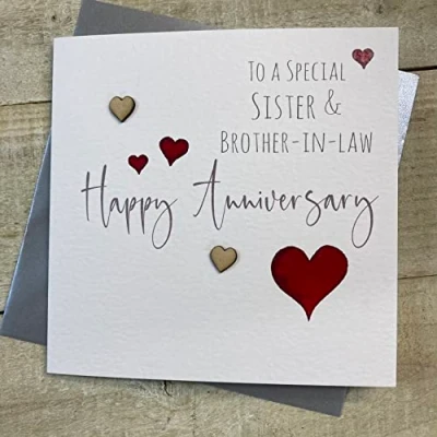Image of WHITE COTTON CARDS SISTER &amp; BROTHER IN LAW, WEDDING ANNIVERSARY HEARTS CARD, HANDFINISHED (S108 SB)