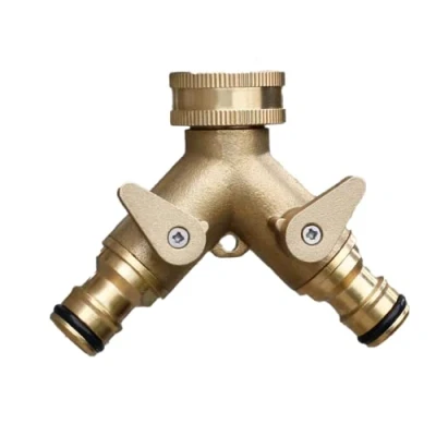 Image of 2 Way Brass Connector Outdoor Tap for Dual Hose Connectors, Garden Splitter Water Taps and Nozzle Spray Guns, with Individual On/Off Valves, Yellow
