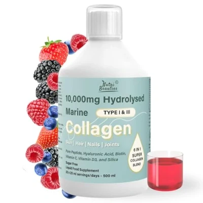Image of NUTRI Beauties Hydrolysed Marine Collagen Liquid Drink Supplement 10,000Mg + Hyaluronic Acid, Biotin, Vitamin C, D for Hair, Skin,Nails, Joints, 500ml