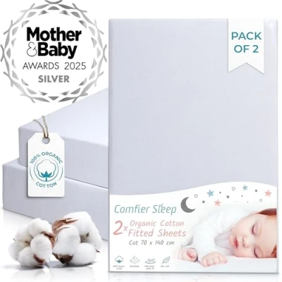 Image of Cot Bed Sheets 140 x 70 Fitted and 100% Organic Cotton Completely Natural Grey color Set of 2 Ultra soft Comfortable for Your Baby cm size Toddler