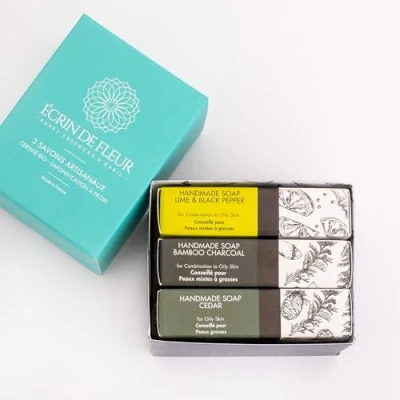 Image of Écrin de Fleur Organic Men&#039;s Soap 3 pack (Cedar Soap, Lime &amp; Black Pepper Charcoal Cedar Soap)