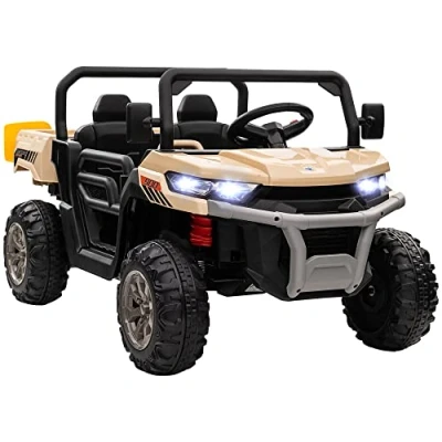 Image of HOMCOM 2 Seater Kids Ride On Car with Electric Bucket, 12V Battery Powered UTV Shovel, Parental Remote, 4 Spring Suspension Wheels, Working Horn, Music Yellow