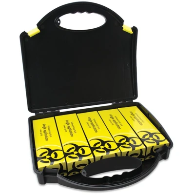 Image of Reliance Medical Biohazard Body Fluid Clean Up Kit For The Treatment of Infectious Micro Organisms 5 Single Application Packs Black/Yellow Wall Mountable Box