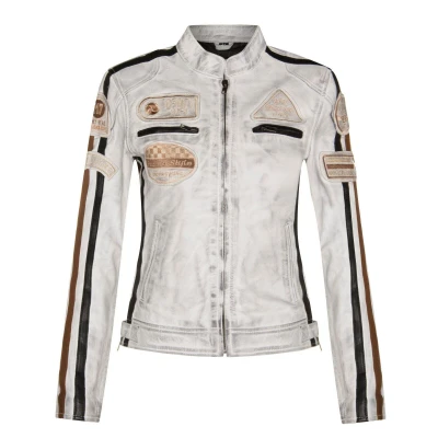 Image of Womens White Leather Biker Casual Racing Moto Badges Jacket