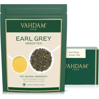 Image of VAHDAM, Earl Grey Citrus Green Tea Loose Leaf 100g (50+ Cups) With Pure Bergamot Oil High Elevation Grown Vacuum Sealed