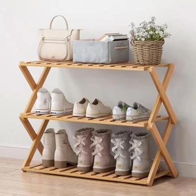 Image of Glsety 3 Tier Bamboo Shoe Rack,Portable Folding Storage Rack,Without Installation Small Rack Perfect for Corridors, Bedrooms and Spaces (3 Tier)