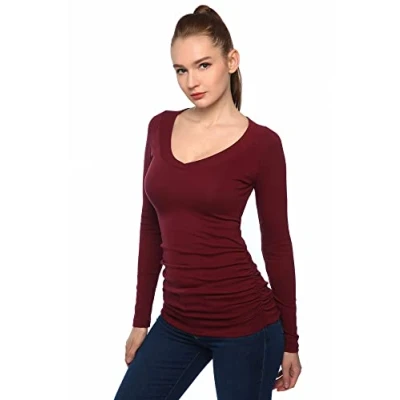 Image of AmélieBoutik Women V Neck Raglan Long Sleeve Ruched Sides Top (Burgundy X Small 8)