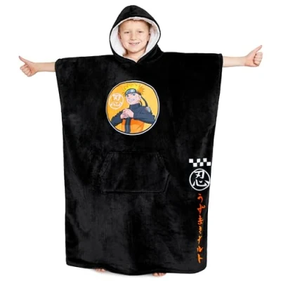 Image of Naruto Fleece Hoodie Blanket for Boys and Teenagers One Size Kids Poncho with Sherpa Lined Hood Gifts (Black)