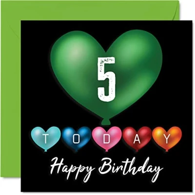 Image of Fun 5th Birthday Cards for Boys Girls Heart Balloons Happy Card Son Daughter Brother Sister Grandson Granddaughter Niece Nephew Cousin, 145mm x Greeting