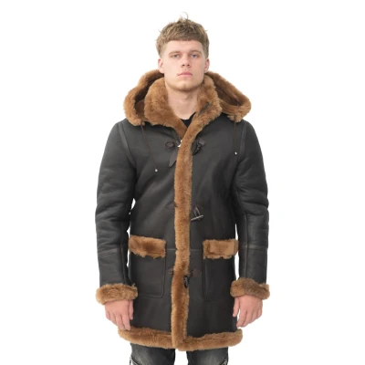 Image of Men&#039;s Warm Winter Long Real Sheepskin Leather Ginger Brown Hooded Duffle Coat M