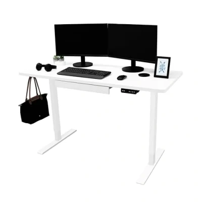 Image of Electric Standing Desk 140cm x 60cm White Height Adjustable Ergonomic Sit to Stand Computer Workstation Built In Drawer USB A &amp; C Charging Cable Holes Tray Bag Hook Office Table Memory Smart Panel