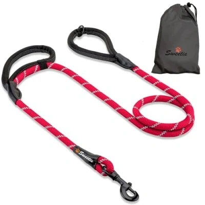 Image of Rope Dog Lead, Red Strong Leash, 2 Padded Handles 5 FT Medium, Large Dogs Reflective, Weather Resistant.