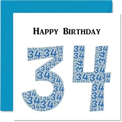 Image of Fun 34th Birthday Cards for Men Shapecloud Happy Card Dad Mum Son Daughter Brother Sister Uncle Auntie Cousin, 145mm x Greeting Cards,