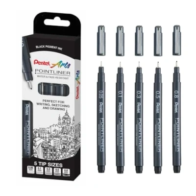 Image of Pentel Arts Pointliner, Black pigment ink, Pack of 5