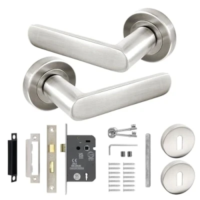 Image of Decoranddecor Echo Satin Nickel Door Lever Handles 54mm Round Rose Aluminium Sash Lock Kit with Keys