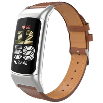 Image of TiMOVO Leather Strap Compatible with Fitbit Charge 6/Fitbit 5 Watch Bands, Top Grain Genuine Classic Replacement Wristbands Straps for Women Men, Brown