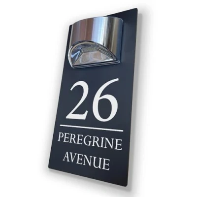 Image of House Numbers Plaques With Solar Light Door Number Signs For Wall Name Outside (Matt Grey &amp; Modern Text)