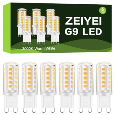 Image of ZEIYEI G9 LED Bulbs, 4W,Warm White, 3000K, 450LM, No Flicker, Equivalent to 40W Halogen, Not Dimmable, Energy Saving Bulb for Chandelier Home Lighting Decor and More 6 Pack
