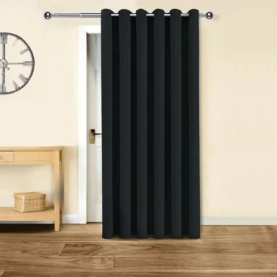 Image of Oxford Homeware Blackout Curtain Eyelet 66x84, Thermal Insulated One Panel Living Room Kitchen Door Black Curtains