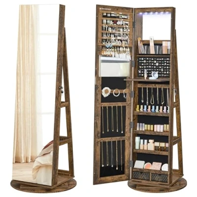 Image of SONGMICS 6 LEDs Mirror Jewellery Cabinet, 360 Swivel Storage Organiser, Lockable, Free Standing Frameless Full Length with Storage, Rustic Brown Surface, Black Lining JJC007X01