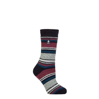 Image of Women&#039;s 1 Pair SOCKSHOP Heat Holders 2.3 TOG Patterned Thermal Socks Geneva Multi Stripe Navy Cabernet 4 8